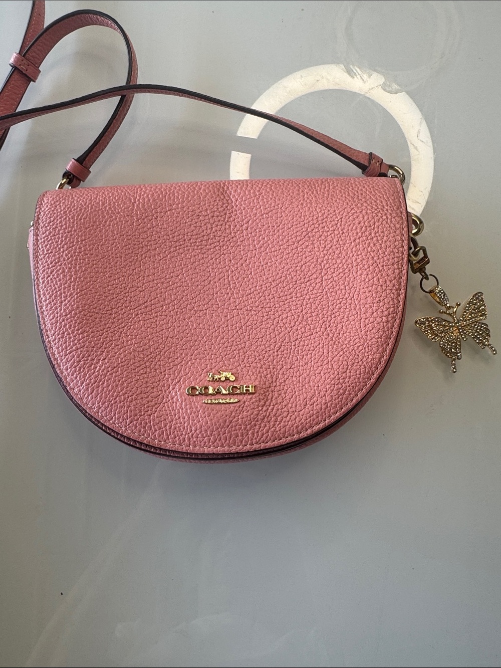 Coach Ellen Pink Pebbled Leather Saddle Crossbody with Butterfly Charm